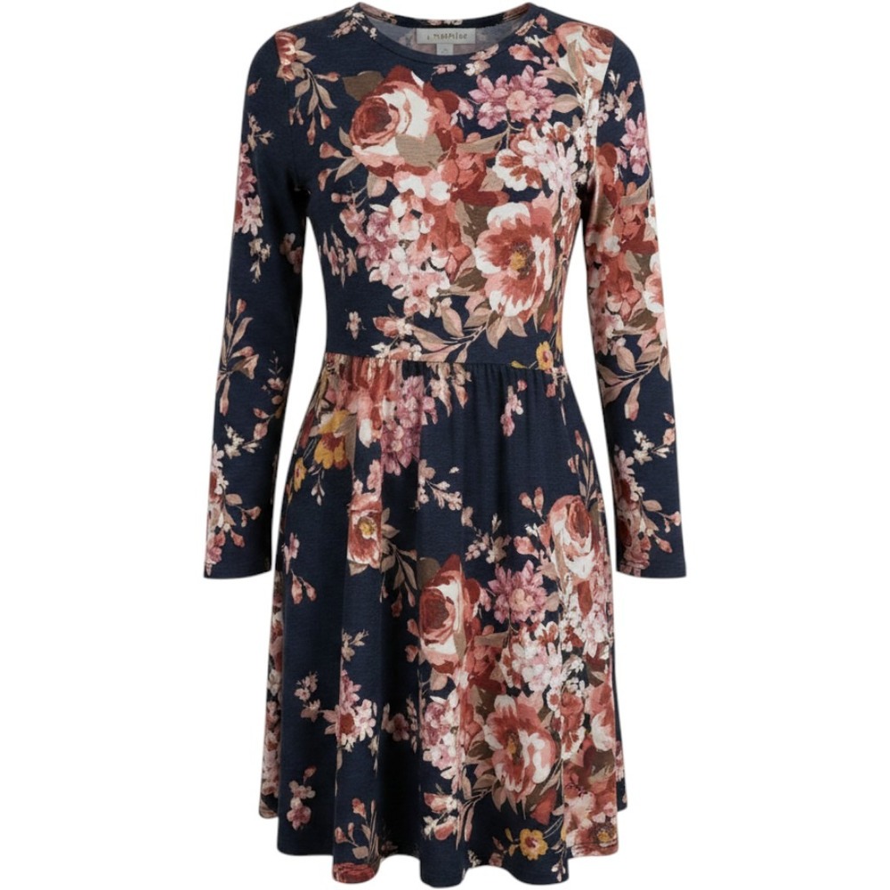 Haptics Holly Harper Babydoll Dress Womens Floral Navy Blue Long Sleeve Medium
